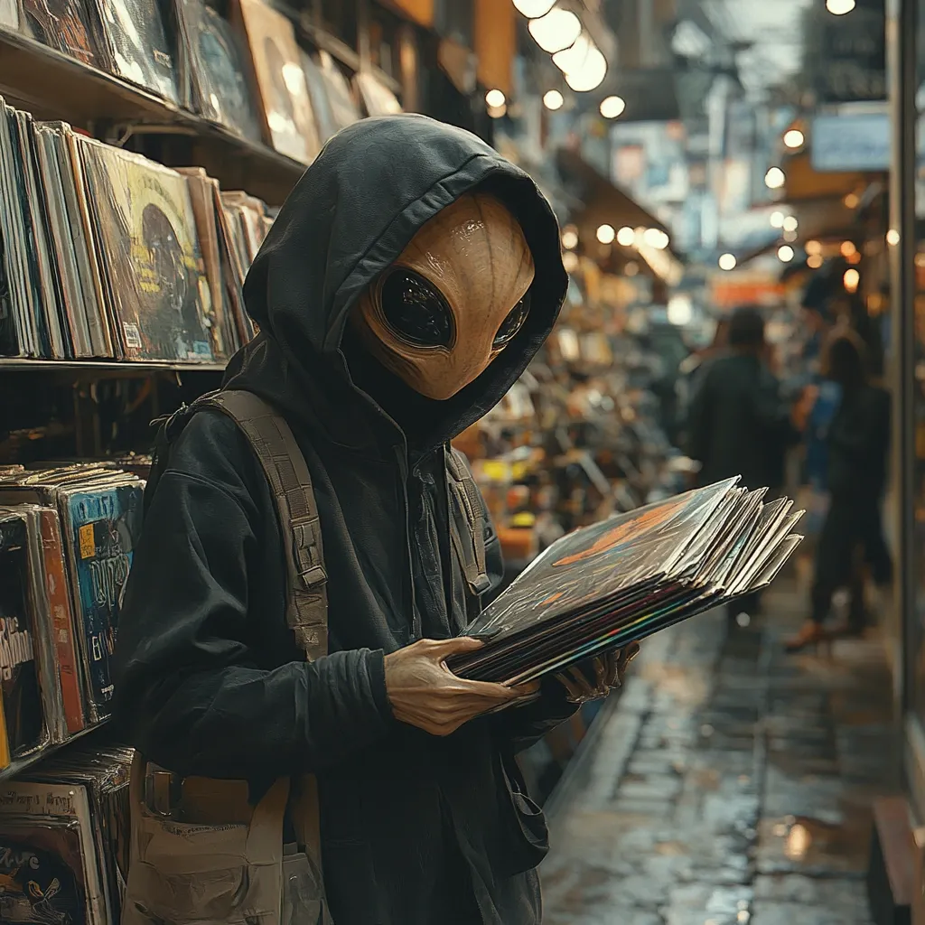 An alien-like figure, wearing a dark hoodie and backpack, browses a stack of vinyl records in a dimly lit record store. The store is lined with shelves overflowing with records, creating a cluttered and vintage atmosphere. The figure's face is obscured by the hood, revealing only a pale, sculpted head with large, dark eyes. The scene suggests a blend of science fiction and everyday life.