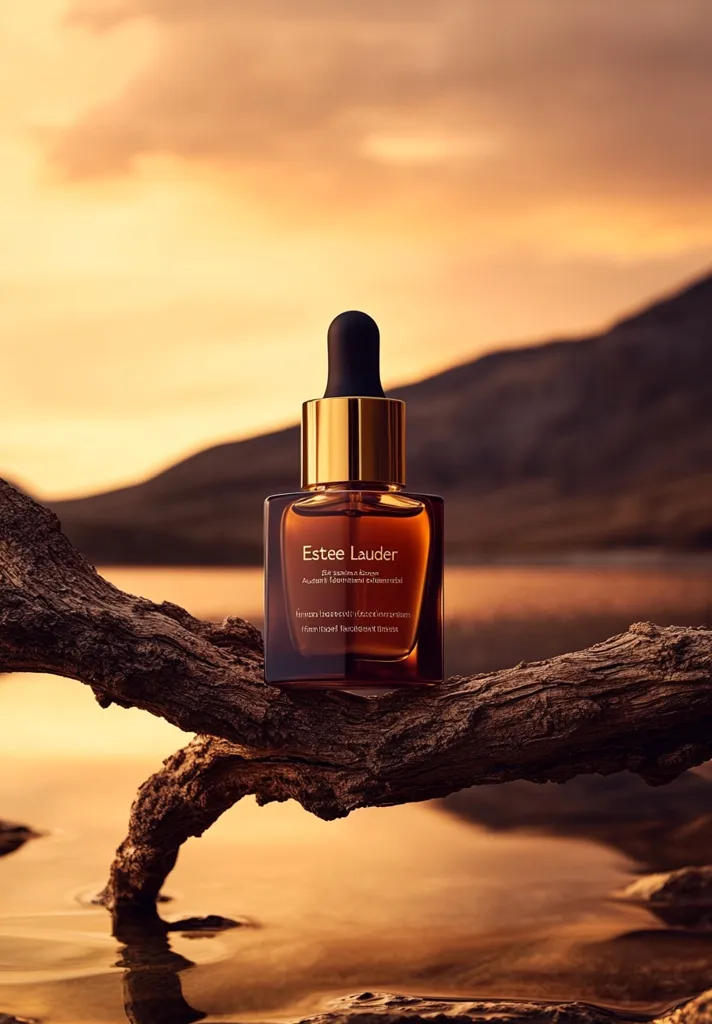 A bottle of Estee Lauder Re-Nutriv Ultimate Lift Regenerating Youth Oil sits on a weathered branch against a stunning sunset backdrop. The amber-colored glass bottle reflects the warm light, enhancing its luxurious aesthetic.  The tranquil scene evokes a sense of natural beauty and rejuvenation, aligning with the product's promise of youthful skin.