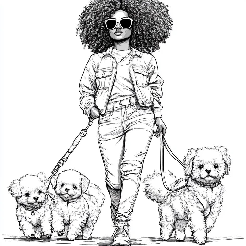 A stylish Black woman with a voluminous afro and sunglasses walks three fluffy white dogs on leashes.  She's dressed in a denim jacket and jeans, showcasing a confident and fashionable demeanor. The detailed line art depicts a scene of urban chic and pet ownership, capturing a moment of casual elegance.