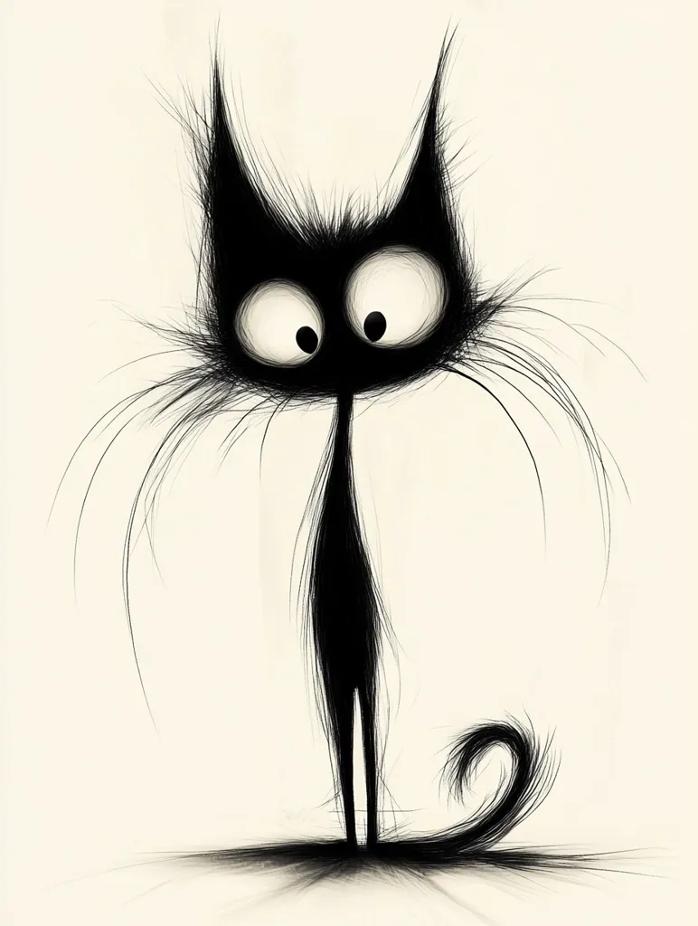 A stylized illustration of a black cat with exaggerated features.  Its fur is depicted as long, spiky strands, and its eyes are large and round, giving it a whimsical, slightly spooky appearance.  The cat stands upright with a long, curled tail, creating a striking silhouette against a cream-colored background. The overall style is minimalist and evocative.