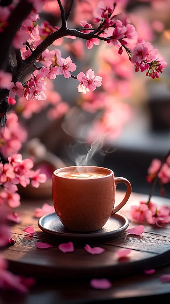 A steaming cup of coffee sits on a dark wooden table, surrounded by fallen pink cherry blossoms.  The blossoms also decorate a branch arching overhead, creating a serene and idyllic springtime scene.  Soft, warm light illuminates the scene, highlighting the delicate petals and the rich color of the coffee. The overall mood is peaceful and tranquil.