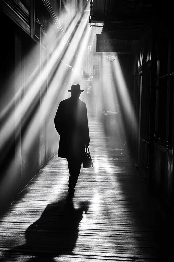 A black and white photograph captures a lone figure, a man in a hat and coat carrying a briefcase, walking down a sun-drenched alleyway.  The strong light creates dramatic rays cutting through the shadows of the narrow passage, emphasizing the man's silhouette. The scene evokes a sense of mystery and solitude.  The wooden planks of the walkway are clearly visible under the radiant beams of light.