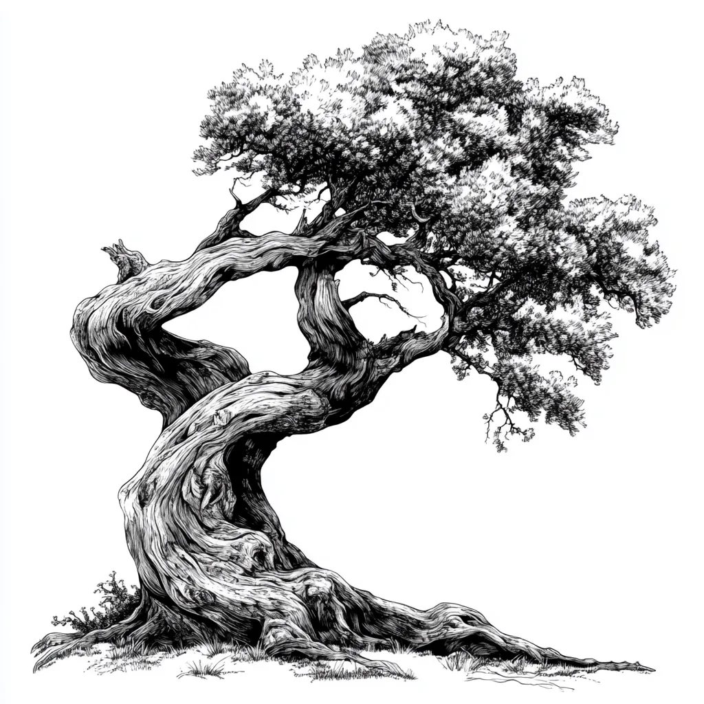 A detailed pen-and-ink drawing showcases an ancient, gnarled tree. Its thick, twisting trunk and sprawling branches suggest age and resilience.  The tree's crown is full and lush, contrasting with the rugged texture of the bark.  The style is highly realistic, emphasizing the tree's intricate details and the play of light and shadow. The image is set against a stark white background, highlighting the tree's form.