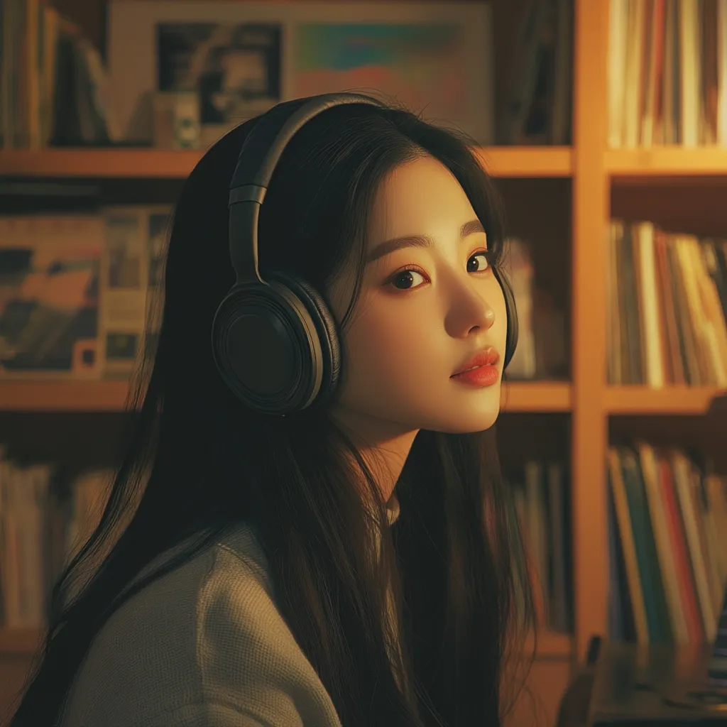 A young woman with long dark hair sits in a warmly lit room, wearing over-ear headphones.  She's positioned in front of a bookcase filled with books, her gaze directed slightly away from the camera.  The warm lighting casts a soft glow on her face, creating a calm and contemplative atmosphere. The overall aesthetic is serene and stylish.