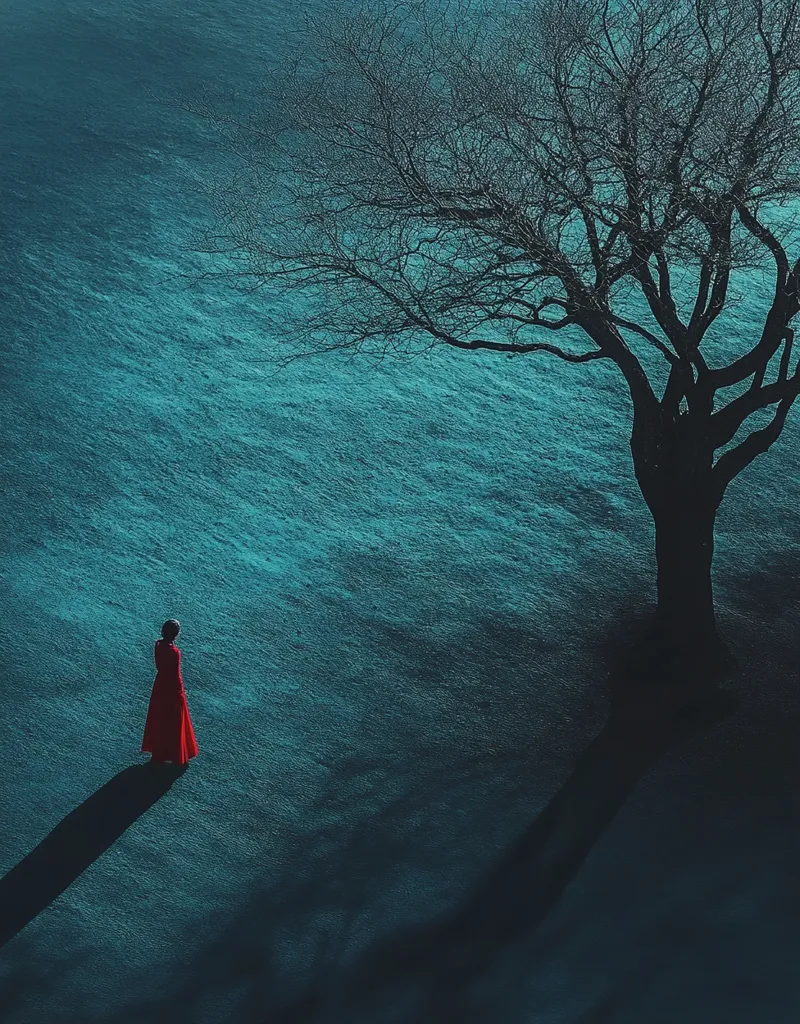A lone woman in a red dress stands in a vast, teal landscape beneath a stark, leafless tree.  Her shadow stretches long across the ground, mirroring the tree's imposing silhouette. The overall mood is somber and contemplative, emphasizing the figure's isolation against the bleak, yet beautiful, backdrop.  The scene evokes a sense of mystery and quiet solitude.