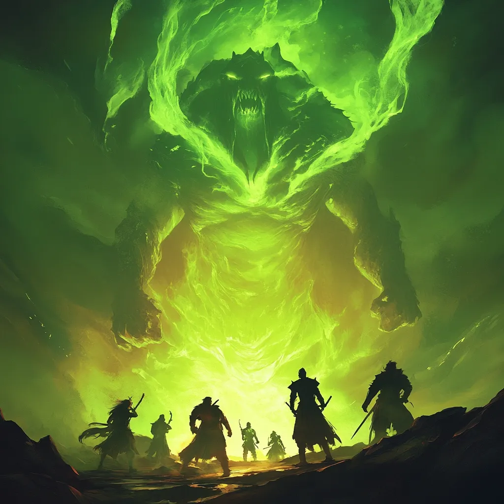 A colossal, monstrous figure, engulfed in vibrant green flames, looms over a group of five silhouetted warriors.  The creature's menacing form dominates the scene, its fiery essence casting an ominous glow. The warriors stand defiantly, weapons drawn, facing the overwhelming power before them, creating a dramatic scene of impending confrontation. The dark, desolate landscape enhances the sense of danger and scale.