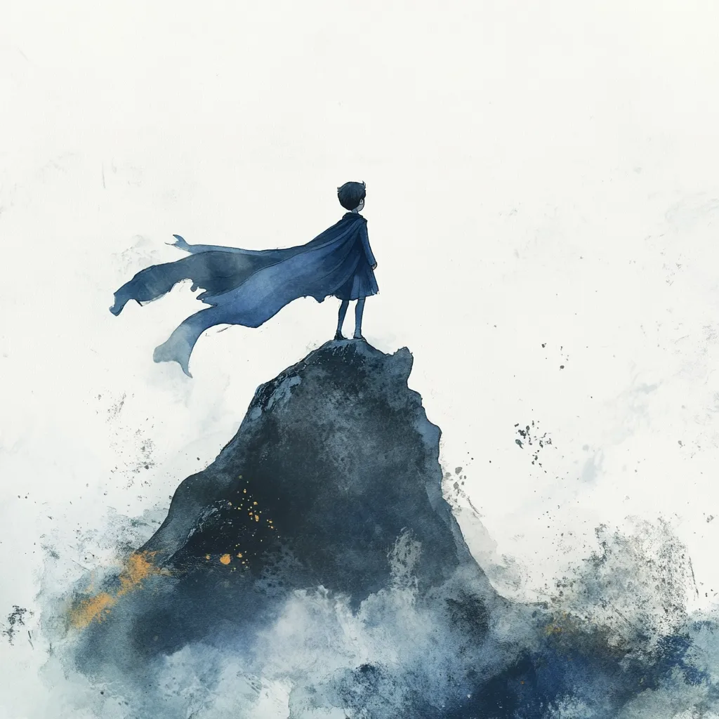 A watercolor painting depicts a solitary figure, cloaked in blue, standing atop a dark, rocky peak.  The cape billows dramatically in an unseen wind.  The figure's back is to the viewer, gazing out at a misty, ethereal landscape below.  Splashes of gold accent the scene, adding a touch of mystery and wonder.  The overall mood is one of quiet contemplation and perhaps, impending adventure.