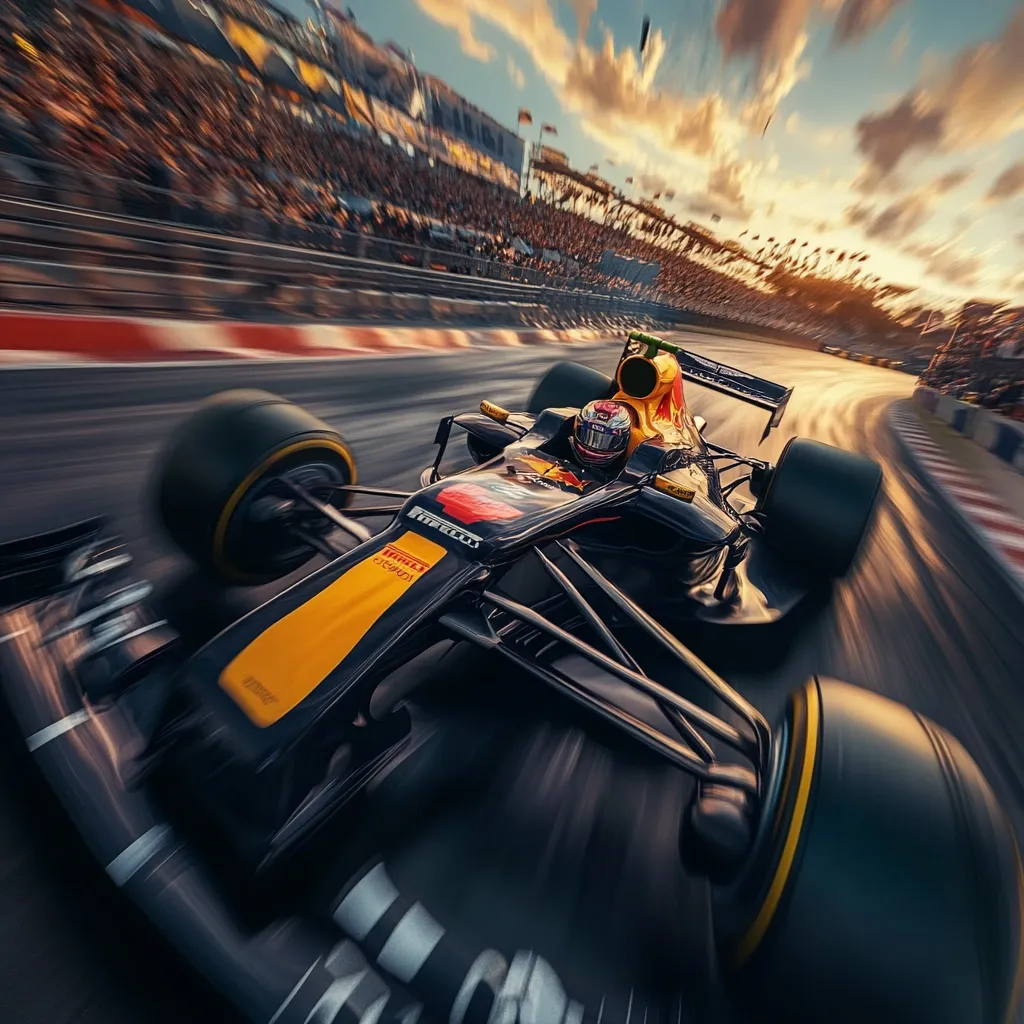 A Formula 1 race car, predominantly black and yellow, speeds around a track. The driver is visible within the cockpit, wearing a helmet.  The background is blurred, indicating high speed, showcasing a packed stadium under a dramatic sunset.  The image emphasizes motion and the thrill of the race.