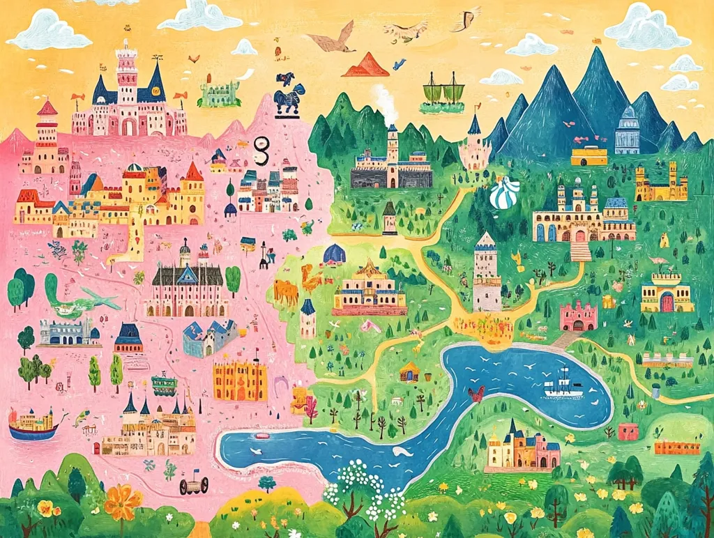 A whimsical illustrated map depicts a fantastical kingdom.  Pink and green lands are filled with charming castles, villages, and winding roads. A river snakes through the landscape, passing by boats and colorful buildings.  Mountains rise in the background, adding to the magical atmosphere.  Flying ships and mythical creatures add to the storybook feel. The map is vibrant and playful, perfect for a children's book or game.