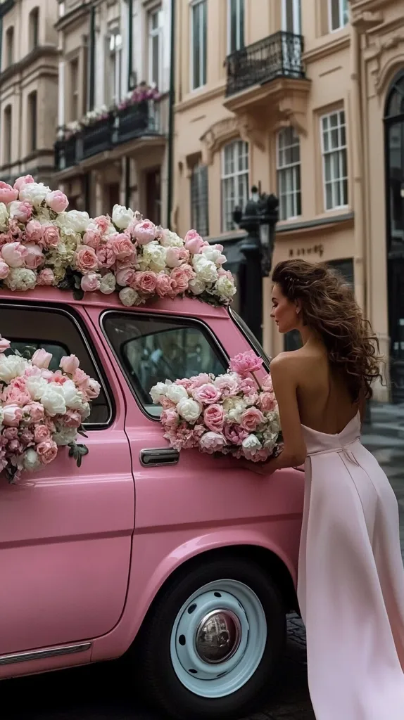 A woman in a pink dress stands beside a pink vintage car adorned with lavish pink and white flower arrangements.  The car is parked on a city street, with elegant buildings forming the backdrop. The scene is romantic and evokes a sense of occasion, possibly a wedding or special event.  The flowers are abundant and beautifully arranged, complementing the pastel color scheme.