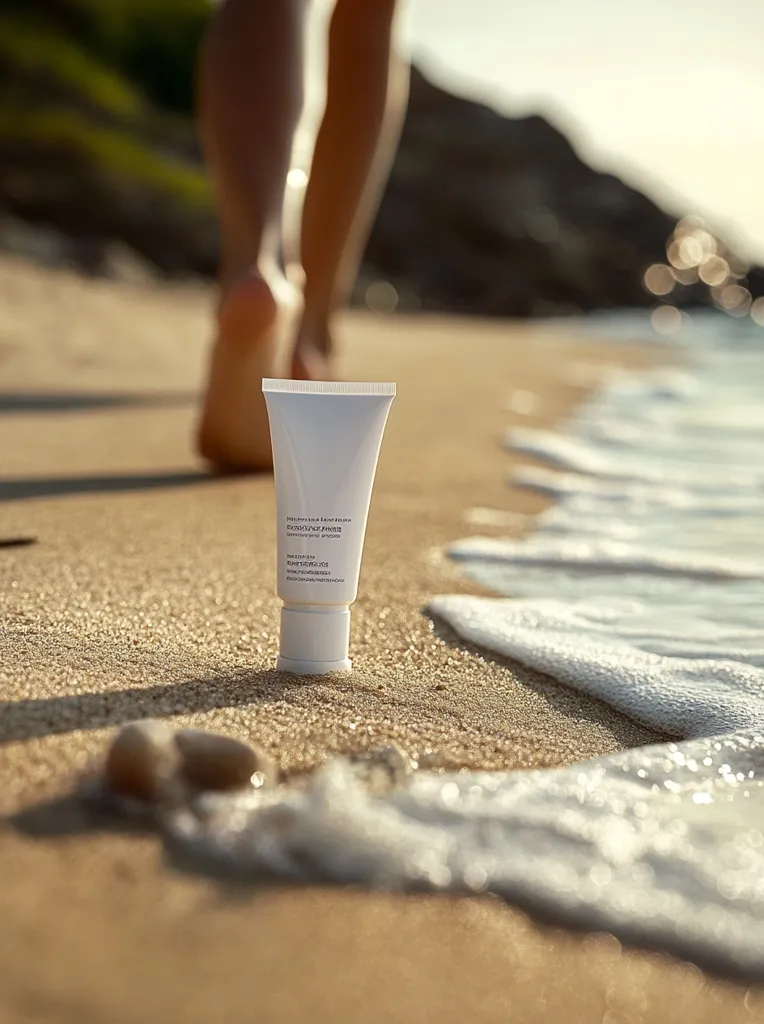 A white tube of sunscreen sits on a sandy beach, with the blurry figure of a person walking away from the camera in the background. Gentle waves lap at the shore. The scene evokes a feeling of relaxation and sun-kissed skin.  The sun is setting, casting a warm glow on the sand.