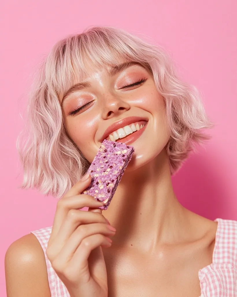 A young woman with short, wavy blonde hair and glowing skin smiles as she takes a bite of a vibrant purple granola bar.  She's wearing a pink and white gingham top against a solid pink background. Her eyes are closed in pleasure, suggesting the bar is delicious. The overall image is bright, cheerful, and aesthetically pleasing.