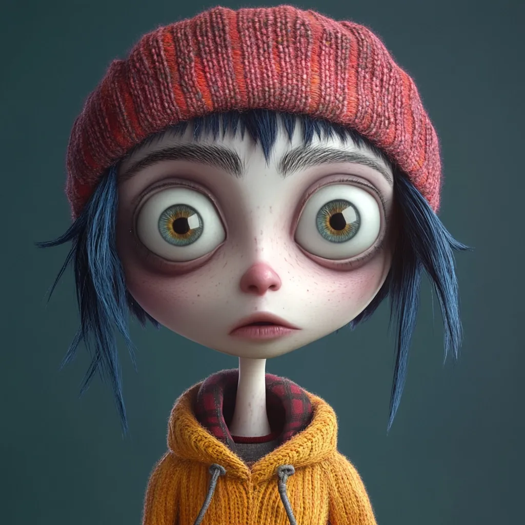 A 3D-rendered character, possibly a girl, with exaggerated features is shown.  She has large, expressive eyes, pale skin, and dark blue hair peeking out from under a red knit beanie.  She wears a mustard yellow knitted hoodie. Her expression is one of mild surprise or concern. The style is reminiscent of animation or digital art.