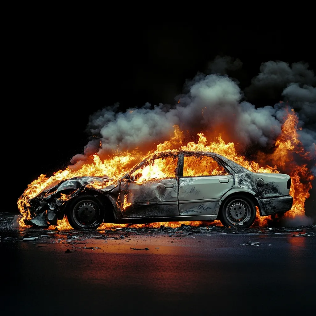 A wrecked car is engulfed in flames, billowing thick smoke against a black background.  The intense fire illuminates the damaged vehicle, highlighting its charred exterior and broken windows.  The scene is dramatic and suggests a significant accident or deliberate act of destruction. The reflection of the fire and smoke is visible on the wet asphalt below.