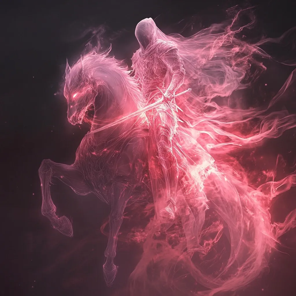 A spectral knight, cloaked and hooded, rides a fiery, ethereal steed.  Both horse and rider are rendered in translucent, glowing crimson, appearing almost smoky or made of energy.  A sword is held at the knight's side, adding to the image's mystical and otherworldly atmosphere. The dark background contrasts sharply with the vibrant pink, emphasizing the ethereal figures.