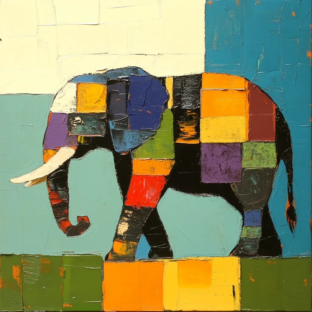 A vibrant, abstract painting depicts an elephant rendered in colorful patchwork squares.  The elephant's form is clearly defined against a teal background, with its tusk extending prominently.  Bold hues of orange, yellow, purple, green, and blue dominate the elephant's body, creating a textured, almost cubist effect. The elephant stands on a similarly patterned base of orange and green squares.  The background features areas of off-white and deep teal.