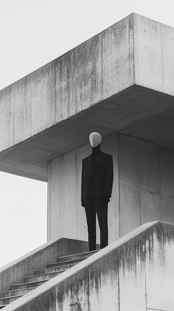 A faceless mannequin in a dark suit stands on a concrete staircase beneath a large, overhanging concrete structure. The monochrome image emphasizes the stark lines and textures of the architecture and the mannequin's solitary presence.  The overall mood is minimalist and slightly unsettling due to the mannequin's lack of features. The scene is devoid of any other elements, creating a sense of isolation.