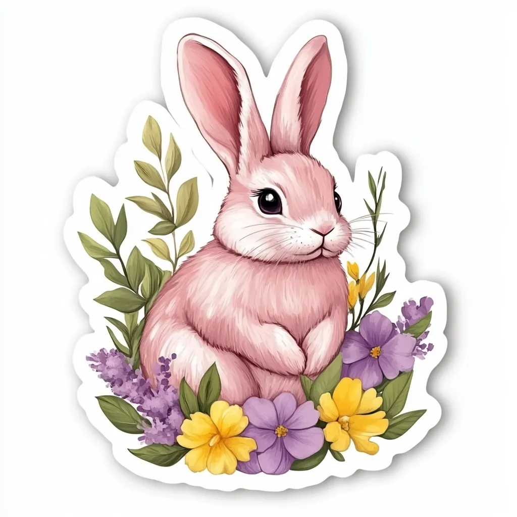 An adorable pink bunny rabbit sits serenely amidst a vibrant bouquet of purple, yellow, and lavender flowers.  The illustration features soft, pastel colors and delicate floral details, creating a charming and whimsical image.  The bunny's large eyes and fluffy fur add to its endearing quality, making it a perfect springtime or Easter motif. The sticker design is framed with a simple white border.