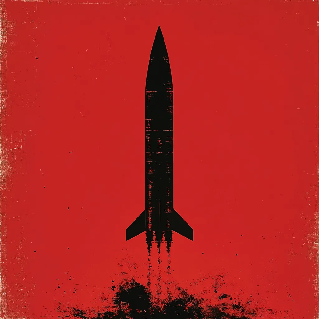 A minimalist illustration depicts a black rocket launching against a vibrant red background.  The rocket is stylized, appearing almost as a silhouette, with a textured surface suggesting speed and power.  The fiery trail below is represented by a black splatter, adding to the dynamic feel of the artwork. The red backdrop and bold contrast create a powerful and dramatic image.