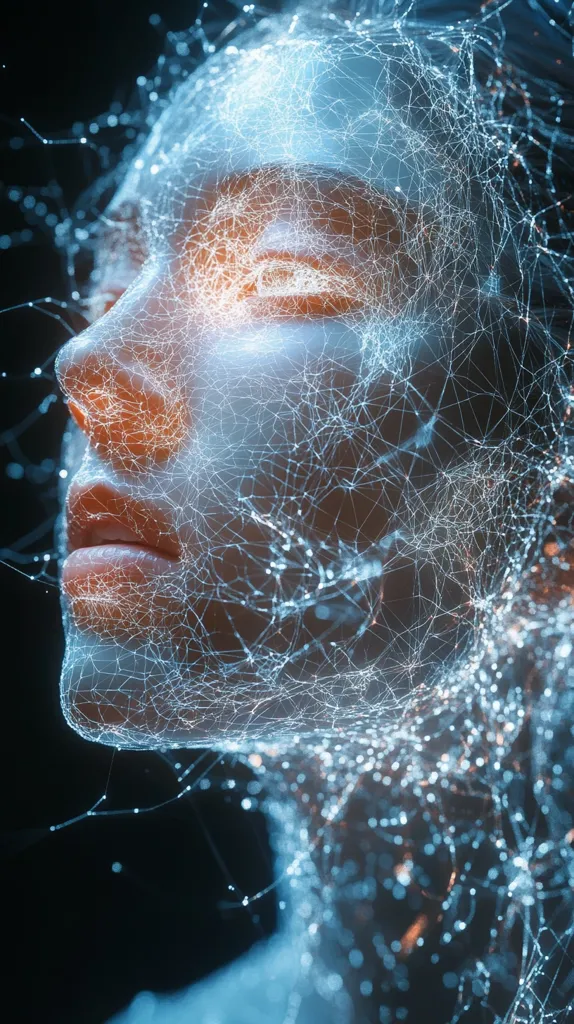 A digital rendering depicts a woman's face enveloped in a luminous, intricate network of interconnected lines resembling a spiderweb.  The network glows with soft blue and orange light, creating a surreal and ethereal effect. The woman's features are subtly visible beneath the web-like structure, suggesting a fusion of organic and digital elements. The dark background emphasizes the luminescence of the network and the face.