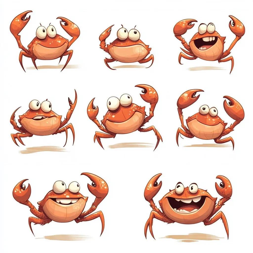 Nine cartoon crabs are depicted in various poses and expressions.  Each crab is bright orange with large, expressive eyes. Their claws are raised in different positions, showcasing a range of emotions from surprised to joyful. The crabs are drawn in a whimsical, slightly exaggerated style against a clean white background.