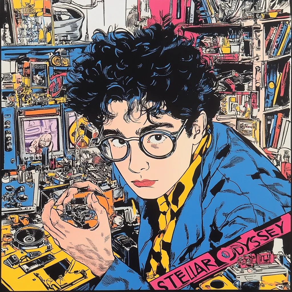 A vibrant, comic-book style illustration depicts a young man with curly hair and glasses, engrossed in intricate electronic devices.  He's surrounded by a cluttered workspace filled with technology, books, and gadgets. The image is saturated with bold colors, particularly blues, yellows, and pinks.  The words "STELLAR ODYSSEY" are prominently displayed, suggesting a science fiction or futuristic theme. The artist's detailed style conveys a sense of energy and complexity.