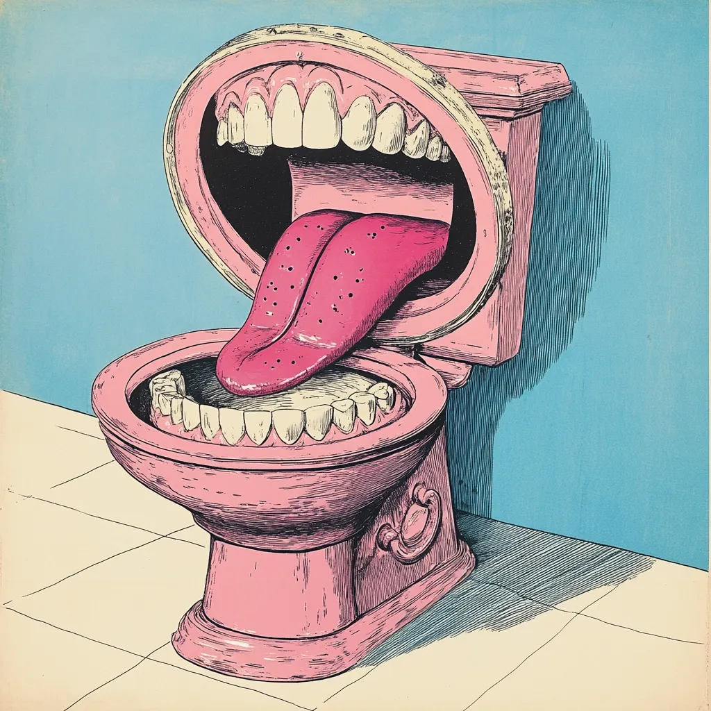 A surreal illustration depicts a pink toilet with a large open mouth, complete with teeth and a long tongue extending outwards.  The style is reminiscent of vintage comic book art, with bold outlines and hatching. The toilet is positioned against a pale blue wall, creating a stark contrast. The image is both humorous and unsettling, prompting questions about its meaning.