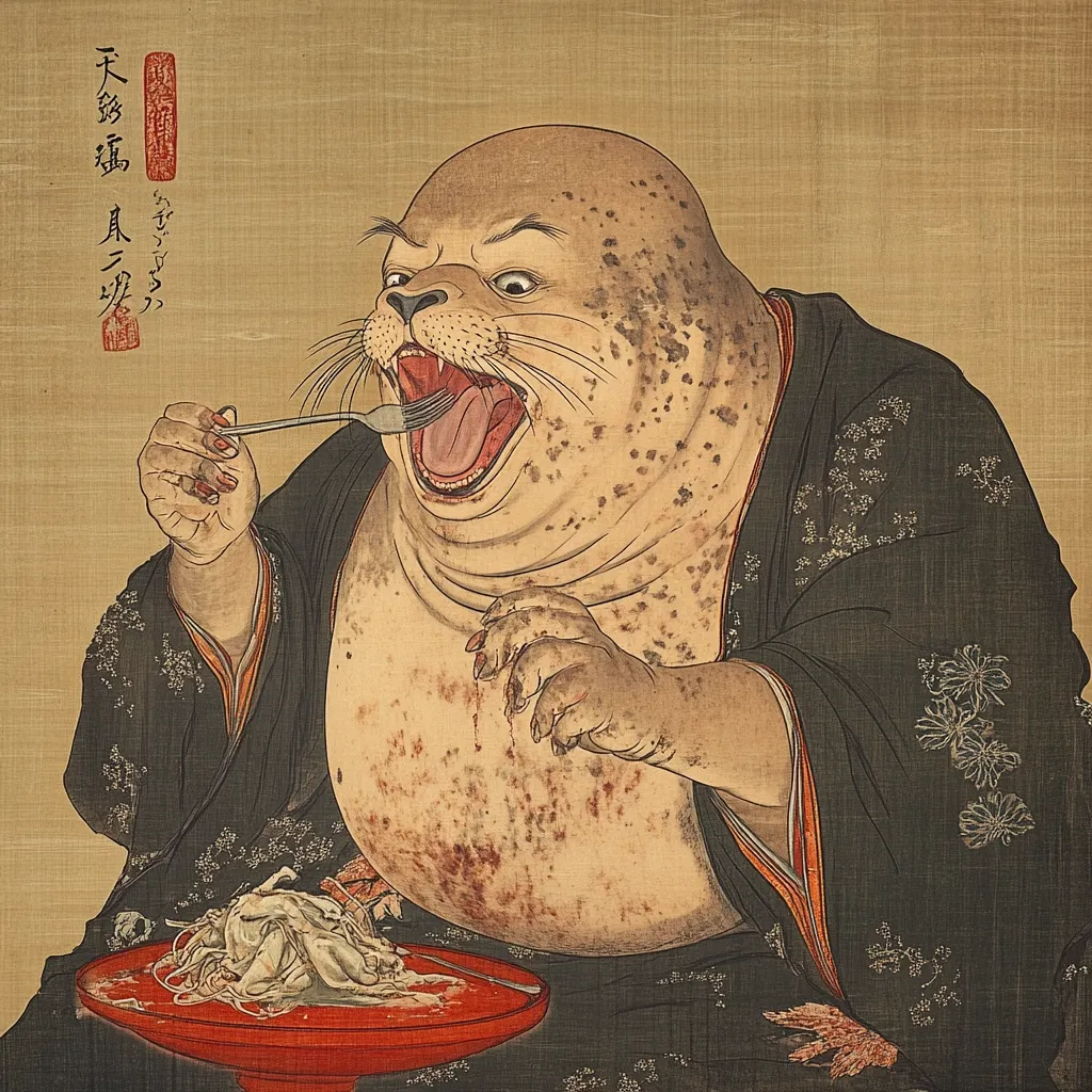 A captivating ukiyo-e style artwork depicts a large, anthropomorphic harbor seal, elegantly dressed in a dark kimono, engrossed in a meal.  The seal uses a fork to consume a plate of what appears to be noodles and another food item, its expression a mixture of gluttony and satisfaction.  The image's rich colors and detailed rendering create a striking juxtaposition between the animal and the human-like setting.  Japanese characters are visible in the upper left corner.