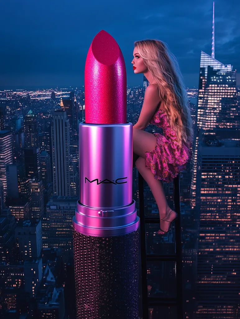 A young woman with long blonde hair sits on a ladder perched atop a giant MAC lipstick. The lipstick is adorned with sparkling crystals. The backdrop is a stunning nighttime cityscape, possibly New York City, with its glittering lights creating a vibrant contrast against the dark sky.  The scene is surreal and striking, combining beauty and urban grandeur.