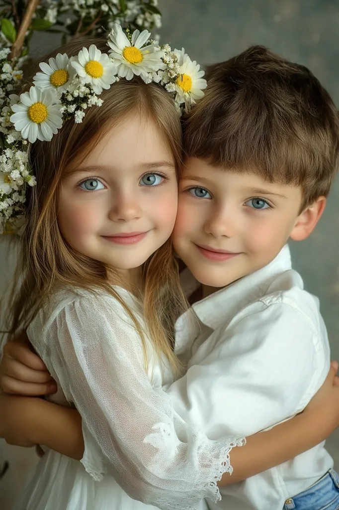 A young girl wearing a daisy crown embraces her brother.  Both children are dressed in white, and their tender hug conveys a sense of sibling affection.  The girl's long blonde hair and the boy's brown hair contrast nicely. The soft lighting and muted background enhance the heartwarming scene.