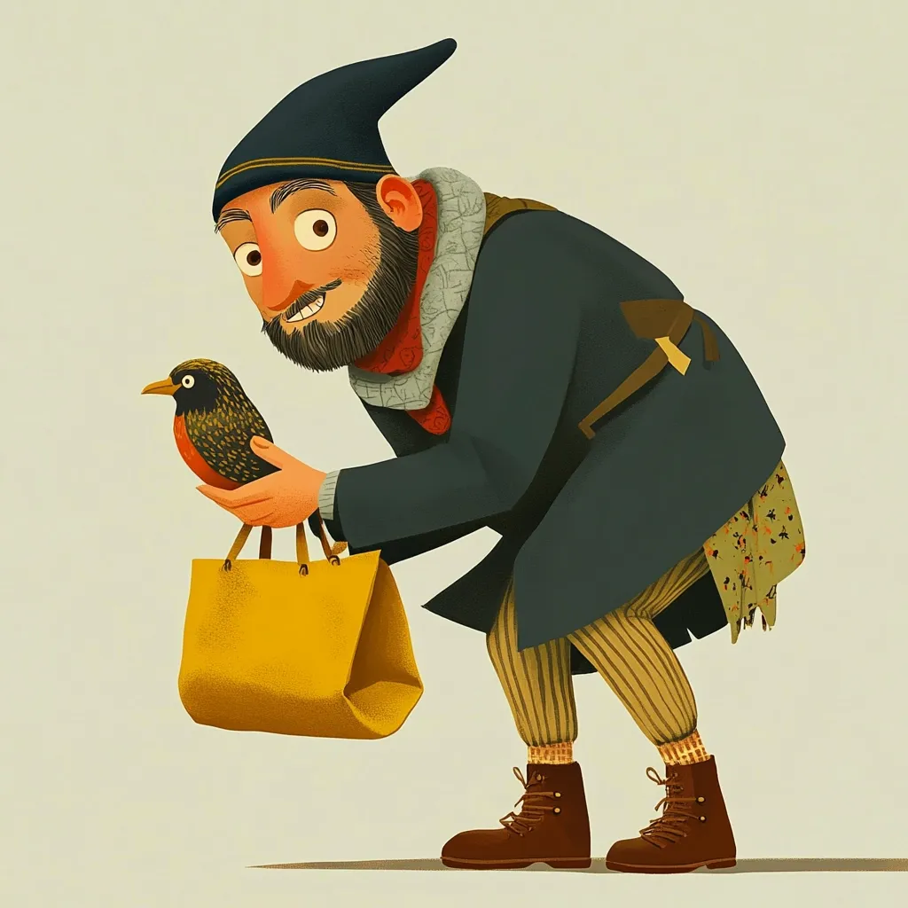 A whimsical illustration depicts a bearded man in a dark blue coat and pointed hat, holding a small, colorful bird gently in his hands. He's bent over, carrying a yellow shopping bag. His attire is quirky, featuring striped trousers and sturdy boots. The overall style is reminiscent of children's book illustrations, with a touch of folk art charm. The man's expression is kind, suggesting a tender interaction with the bird.