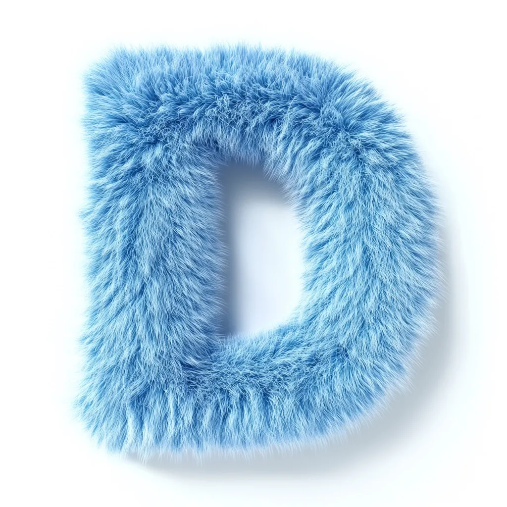A fluffy, light blue letter D is depicted against a white background.  The letter appears to be made of fur or a similar soft, textured material. The individual strands of fur are visible, giving it a soft and plush appearance.  The letter is well-defined, with the characteristic shape of the uppercase D clearly visible within the furry texture.