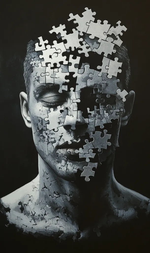 A monochromatic painting depicts a person's face and upper body composed of jigsaw puzzle pieces.  The puzzle pieces are fragmented, suggesting a fractured identity or mental state.  The individual's eyes are closed, conveying a sense of introspection or perhaps vulnerability. The dark background contrasts sharply with the grayscale figure, enhancing the feeling of isolation and incompleteness.