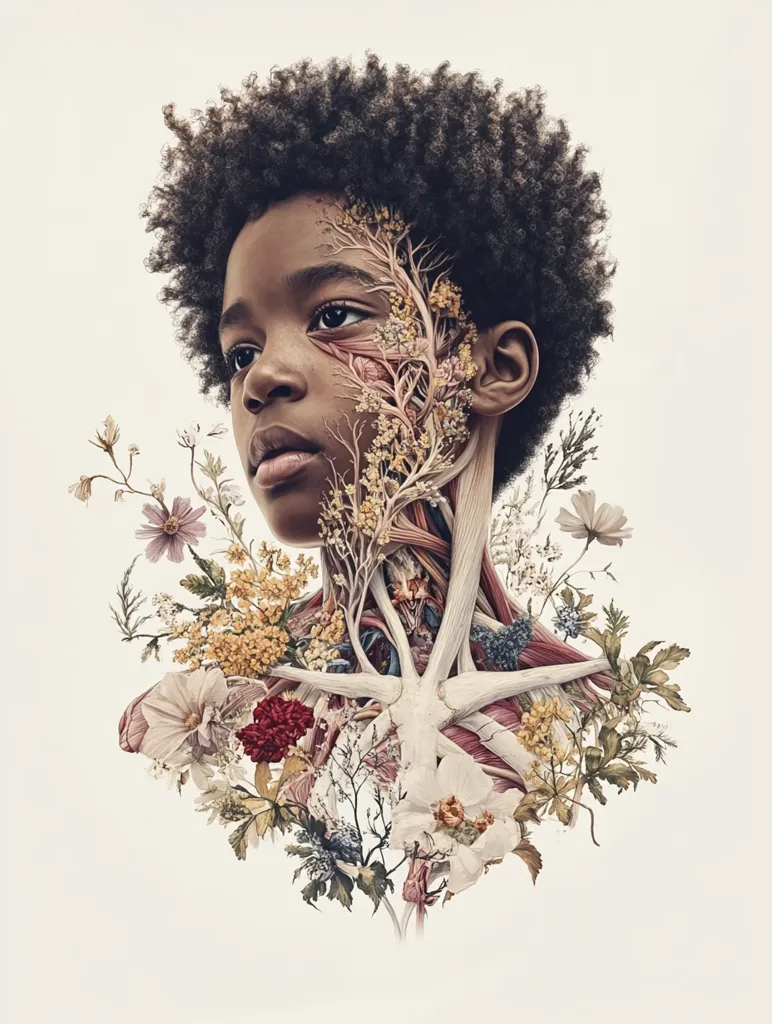 A digital artwork depicts a young Black boy's face and neck, seamlessly blended with intricate botanical elements.  Floral arrangements and delicate branches replace and intertwine with visible muscle and skeletal structures, creating a surreal and beautiful portrait that explores themes of interconnectedness between nature and the human body. The boy's expression is pensive, adding depth to the artistic fusion.