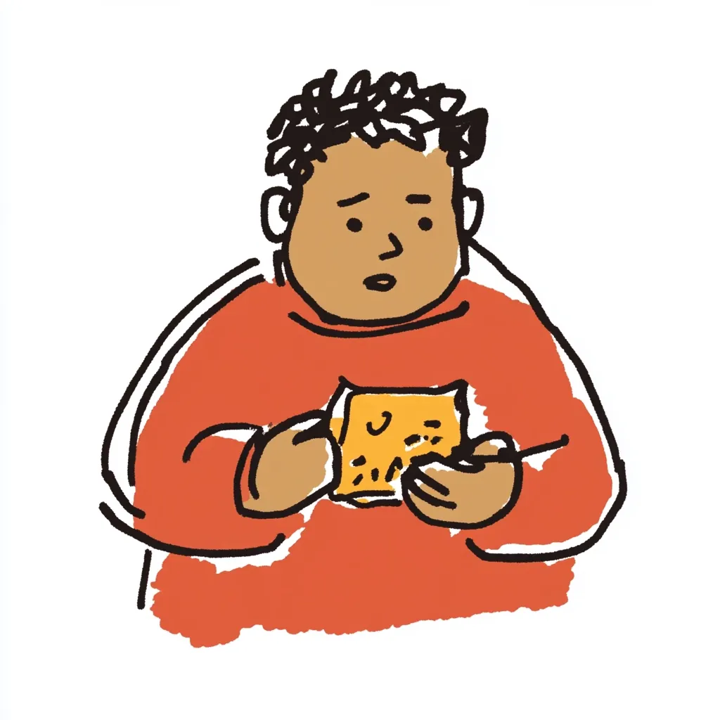 A cartoon drawing of a young person with dark curly hair wearing an orange sweater. They are holding a small, square object, possibly a note or a small game, and have a thoughtful expression on their face. The style is simple and childlike, with bold outlines and slightly uneven coloring.  The overall impression is one of quiet contemplation or concentration.