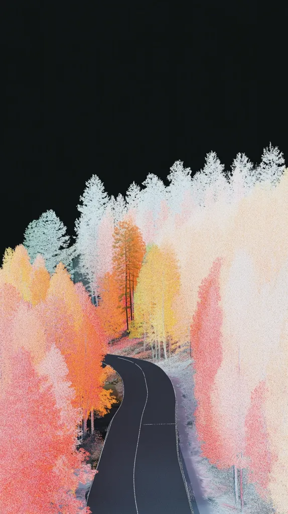 An aerial view of a winding road cutting through a forest in autumn.  The trees are depicted in a stylized, almost pointillist manner, with a range of pastel oranges, pinks, and whites dominating the color palette. The road is dark gray, contrasting with the brightly colored foliage. The background is a deep black, emphasizing the vibrant colors of the scene. The overall effect is one of dreamlike tranquility and autumnal beauty.