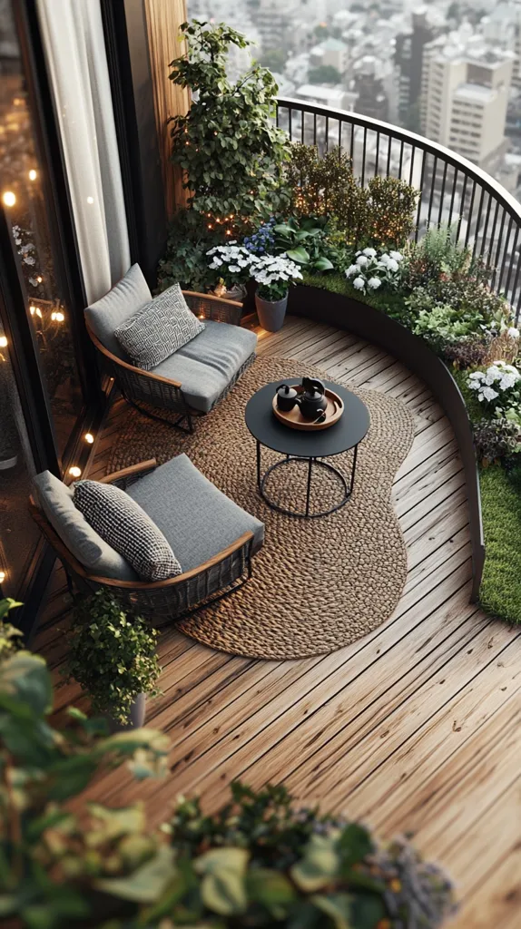 A stylish balcony features two gray wicker chairs with patterned cushions, a round black coffee table, and a jute rug.  Lush greenery, including potted plants and flowering shrubs, are arranged along a curved planter, creating a serene and relaxing outdoor space.  String lights add a warm ambiance to the wooden deck overlooking a cityscape.