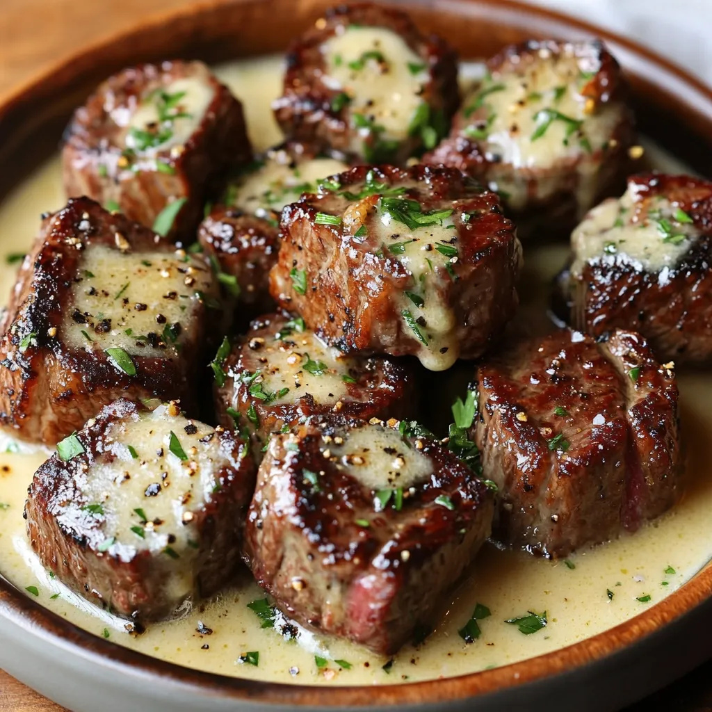 A close-up shot of seared beef cubes, generously drizzled with a creamy, light-brown sauce.  The sauce is speckled with herbs and pepper.  The cubes are arranged in a shallow, dark-wood bowl, showcasing their rich brown color and juicy texture.  The overall presentation is appetizing and suggests a gourmet dish.