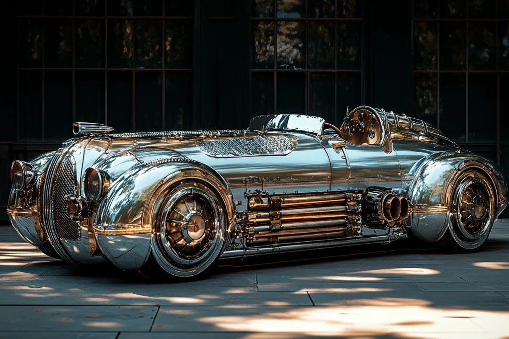 A meticulously crafted, chrome-plated vintage race car, seemingly constructed from polished metal and intricate detailing.  Its design blends Art Deco aesthetics with steampunk influences, showcasing exposed brass engine components and ornate wheel designs.  The car sits on a paved surface, bathed in sunlight that highlights its reflective surfaces.  The overall impression is one of luxury, craftsmanship, and a unique blend of styles.