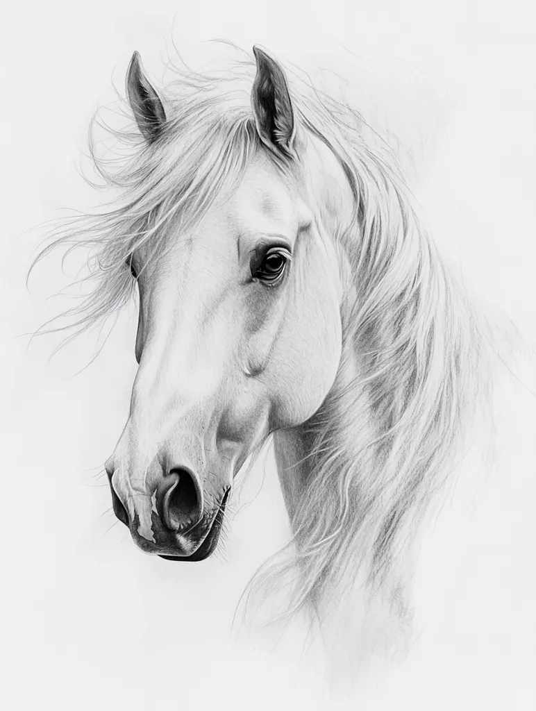 A stunning monochromatic pencil sketch captures the head and neck of a white horse.  Its mane and forelock flow freely, suggesting movement.  The artist masterfully renders the horse's expressive eyes and delicate features, creating a lifelike portrait with remarkable detail and shading.  The overall effect is elegant and powerful.