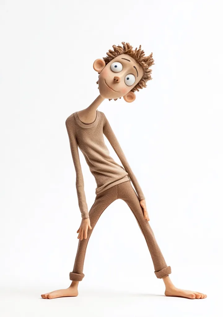 A 3D-rendered cartoon boy with exaggerated features stands against a white background.  He's leaning, his head tilted up, and possesses a long neck and limbs. He's dressed in a light brown long-sleeved shirt and matching pants, his barefoot stance adding to his whimsical character design.  His expression is one of cheerful curiosity.