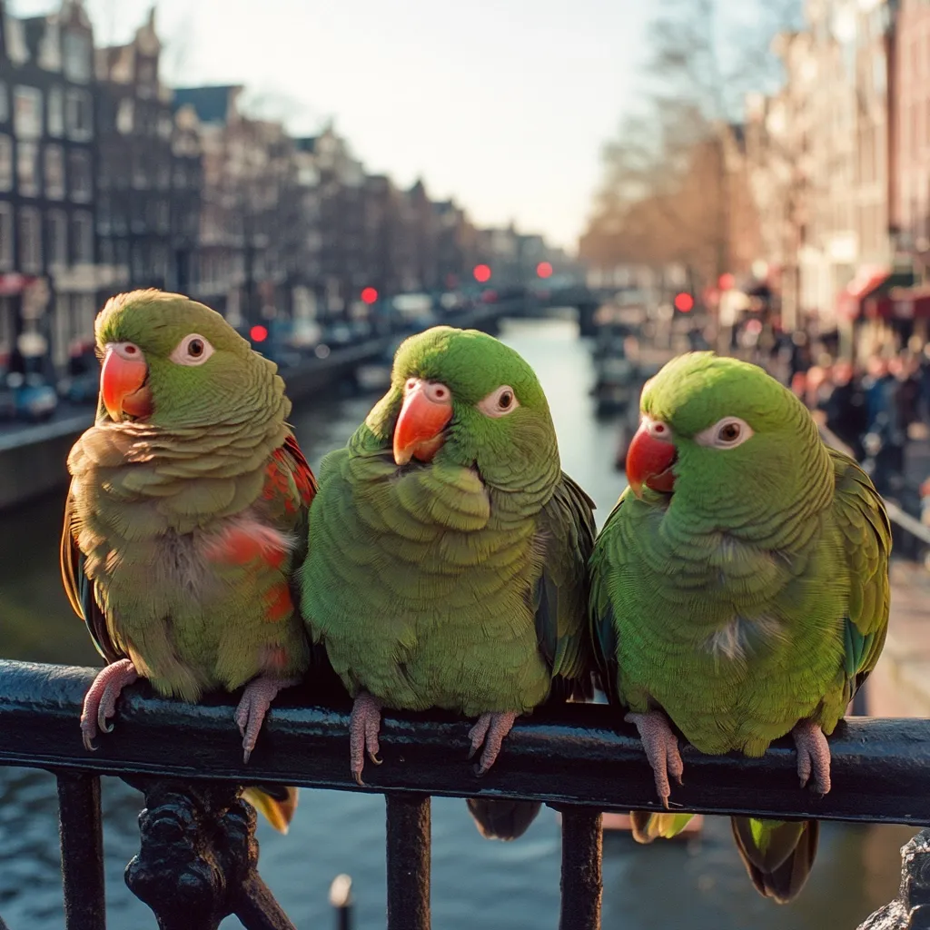 Three vibrant green parrots with red beaks are perched side-by-side on a black metal railing.  They are situated against a blurred background of a picturesque canal scene in Amsterdam, with traditional buildings and boats visible.  The parrots appear calm and are the focal point of the image, creating a charming contrast between urban life and wildlife.