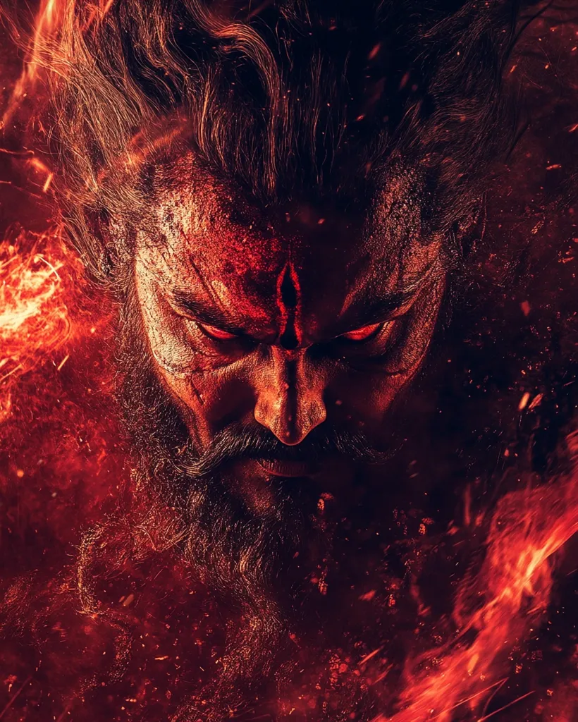 A close-up depicts a man's intense face, engulfed in fiery red hues.  His long, dark hair and beard are windswept, adding to the dramatic effect.  A red marking adorns his forehead, enhancing his fierce expression. The overall image is dark, gritty, and evokes a sense of power and possibly mythical or supernatural themes.  The fiery backdrop emphasizes his fierce countenance.