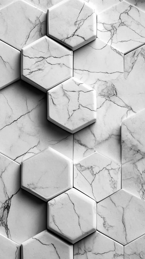 A close-up shot reveals a pattern of hexagonal tiles, each crafted from white marble with subtle gray veining. The tiles are arranged in a slightly offset honeycomb structure, creating a three-dimensional effect.  The image emphasizes the texture and subtle variations in the marble's natural pattern.  The overall impression is one of modern, geometric elegance.