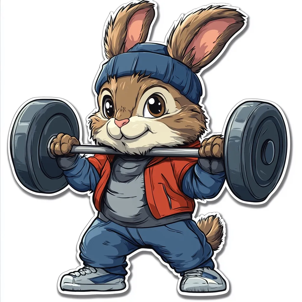 A cartoon rabbit, wearing a blue beanie and a red jacket, powerfully lifts a heavy barbell.  Its large, expressive eyes and cheerful expression convey strength and determination. The rabbit's attire and the weightlifting pose suggest a focus on fitness and a playful, energetic personality.  The style is vibrant and cartoonish, suitable for a sticker or logo.