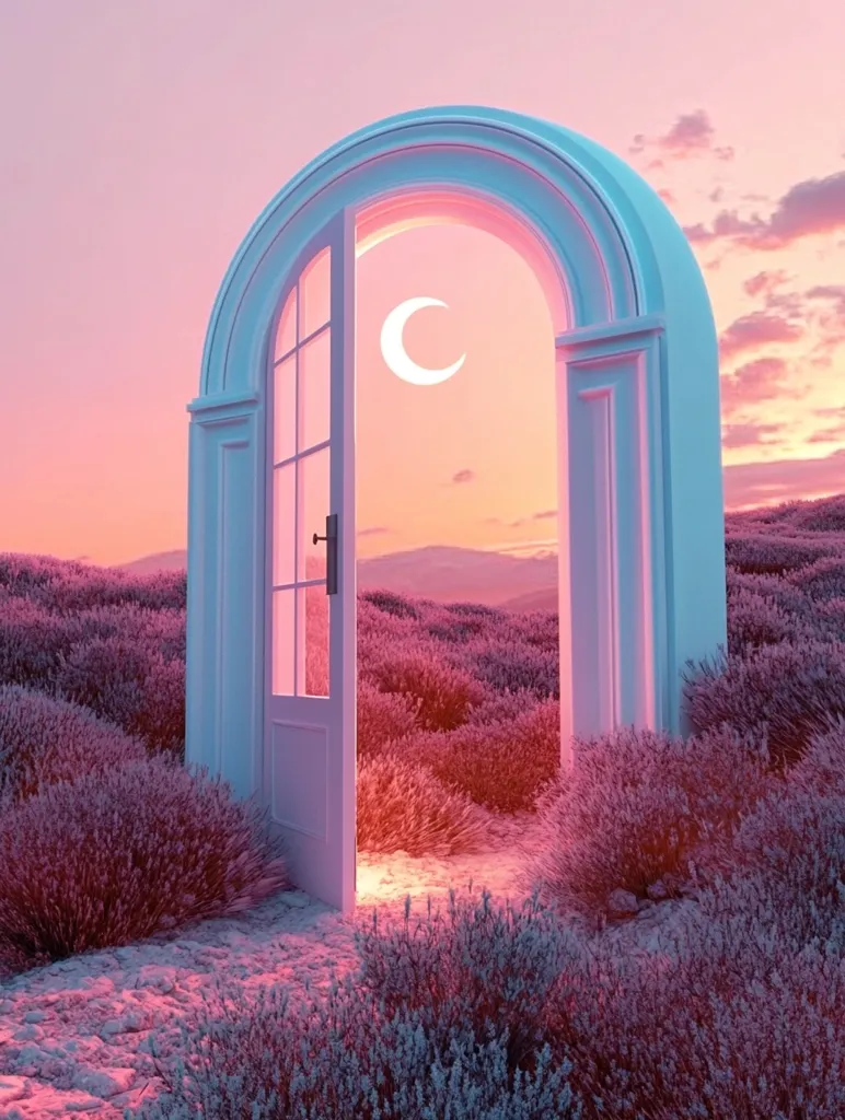 A pastel-pink landscape is framed by a large, open arched doorway.  The door, a pale blue-white, reveals a crescent moon in a sunset sky beyond.  Lavender bushes surround the stone path leading to the doorway, creating a serene and whimsical scene. The overall aesthetic is dreamy and surreal.