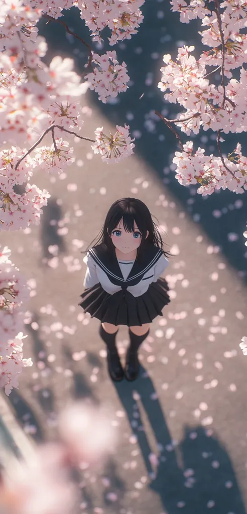 An anime girl with dark hair and a sailor uniform stands amidst falling cherry blossom petals.  She is viewed from above, her shadow cast on the ground below.  The pink blossoms create a beautiful, ethereal atmosphere, enhancing the serene and slightly melancholic mood. The scene is peaceful and visually stunning.