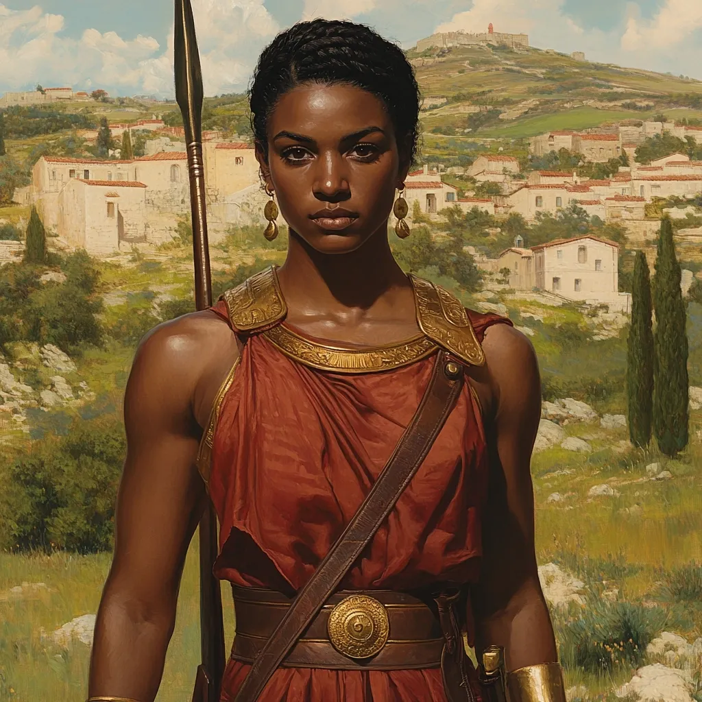 A painting of a dark-skinned woman, possibly a warrior, stands in a terracotta-colored dress adorned with gold accents. She holds a spear and wears a leather strap across her chest.  Behind her, a sun-drenched Mediterranean landscape unfolds, showing white buildings nestled on rolling hills under a clear sky. The scene evokes a classical or historical setting.