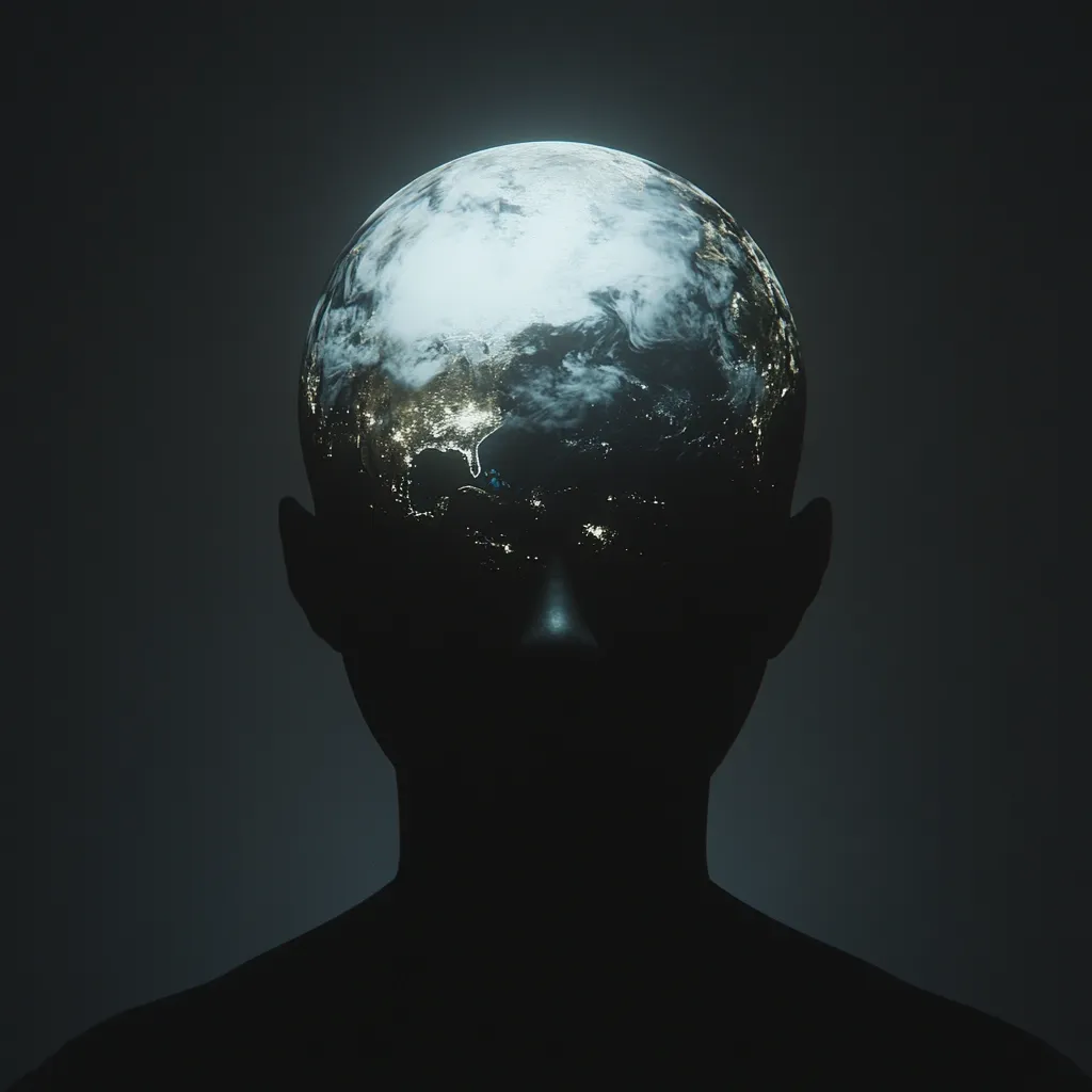 A silhouetted figure's head is replaced by a luminous Earth, its continents and city lights visible.  The dark, shadowy body contrasts sharply with the bright globe, suggesting a connection between humanity and the planet's fate. The image evokes themes of global responsibility, interconnectedness, or the weight of the world on one's shoulders. The overall mood is somber and thought-provoking.