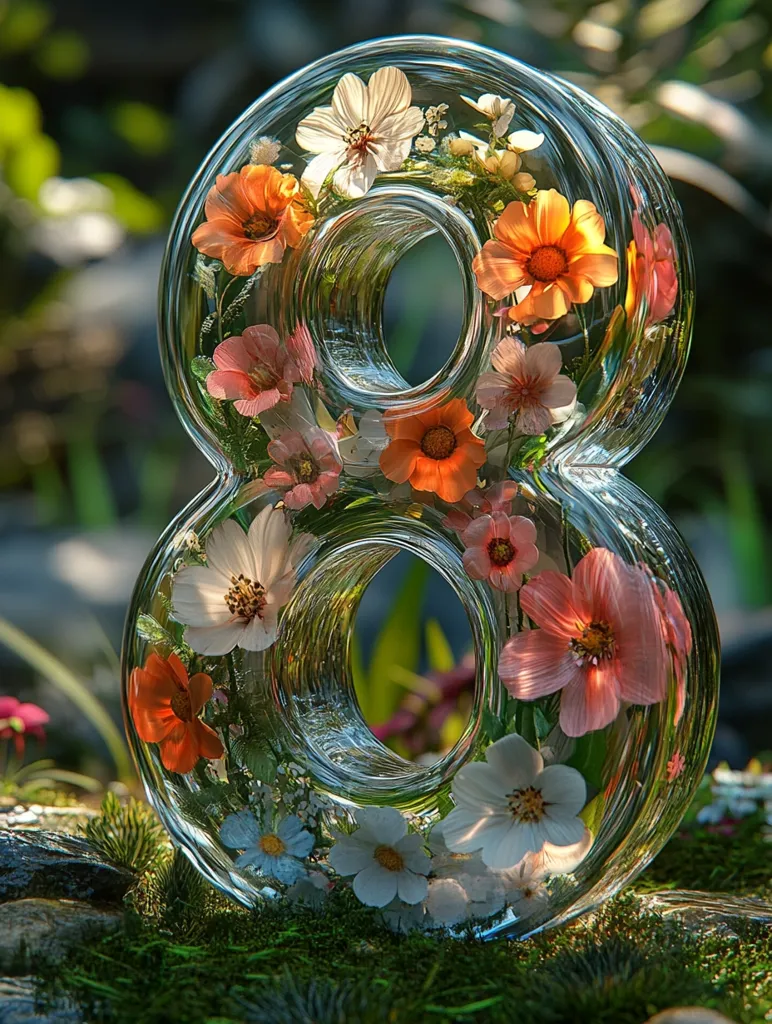 A glass sculpture in the shape of the number eight is filled with delicate flowers.  Orange, pink, and white blossoms are nestled within the clear glass, creating a beautiful and whimsical display. The sculpture rests on mossy ground, surrounded by rocks and dappled sunlight.  The overall effect is one of serene beauty and artistic craftsmanship.